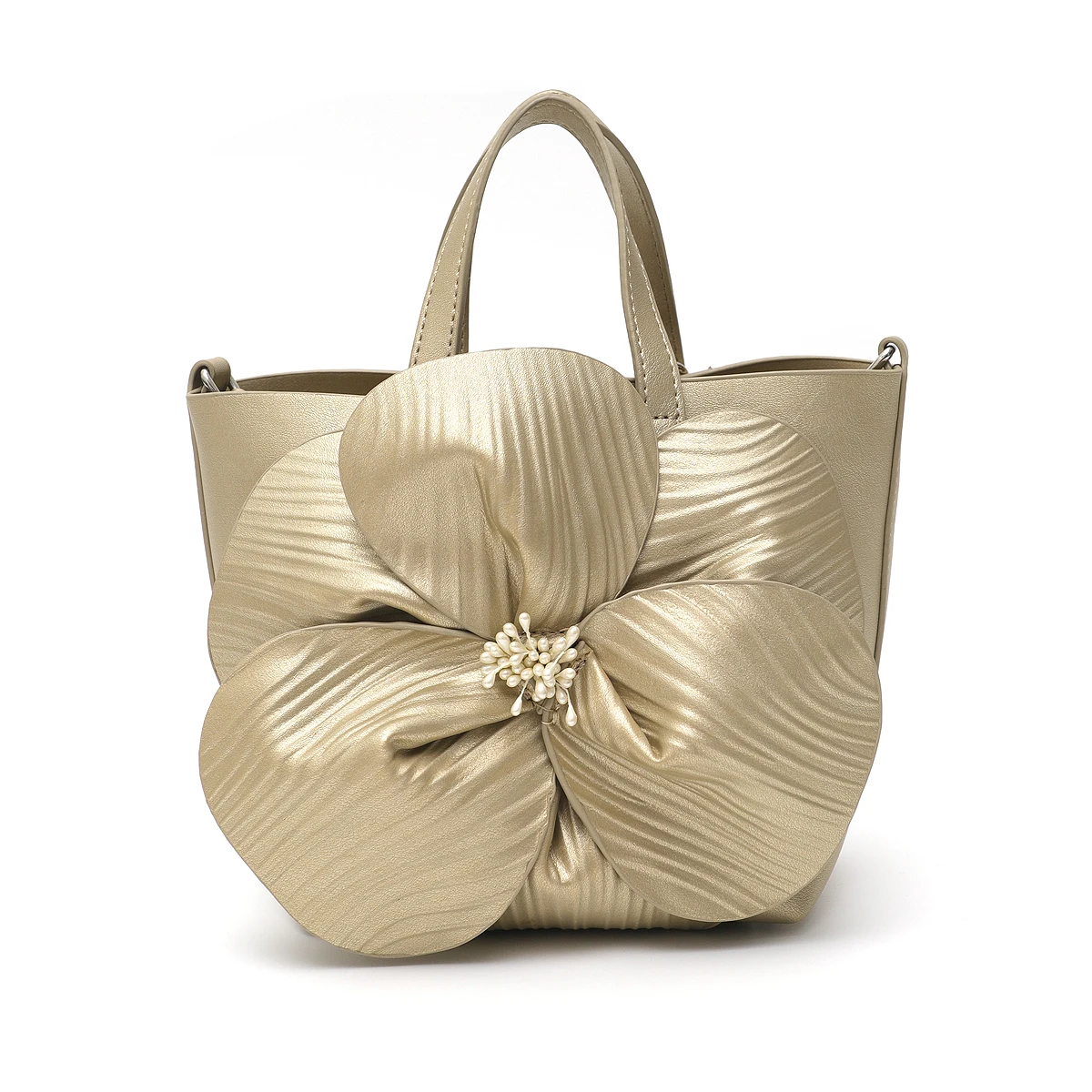 حقيبة كتف جلد نباتي معدني أنيقة للسيدات، مزينة برب...