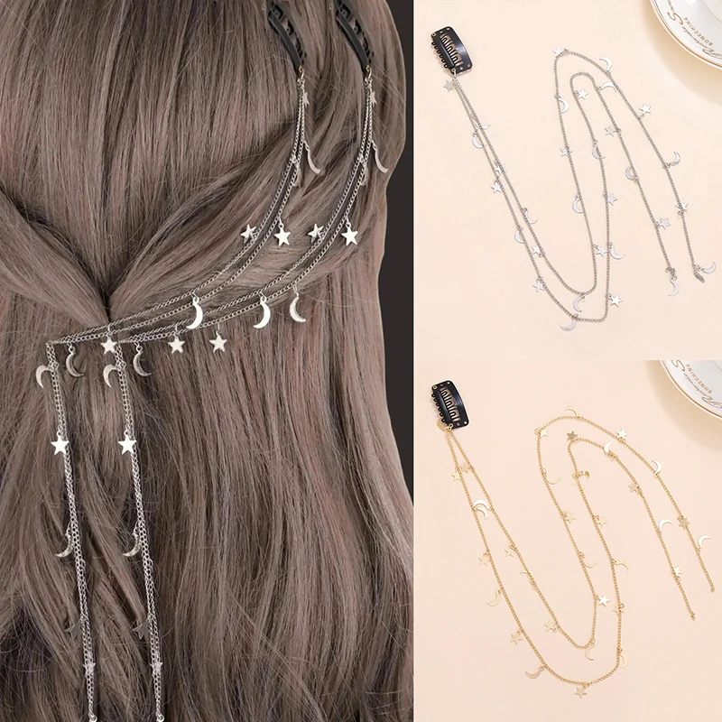 Enchanting Moon and Star Braided Hair Chain - Elegant Shiny Hair Accessory