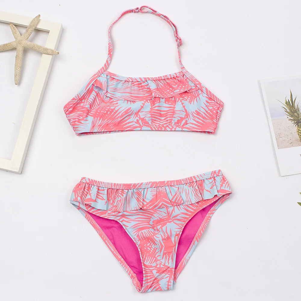 girls swimsuit 7-14 years falbala leopard print girls kids swimsuit swimwear kid summer bikinis set children halter biquini swimming suit