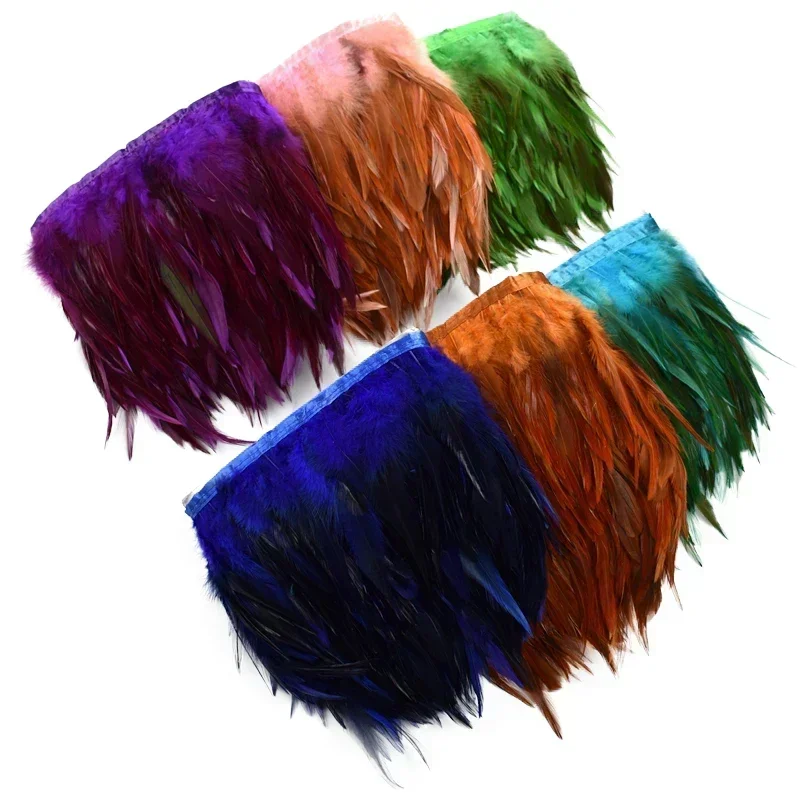 10 Metri di Frange di Piume di Fagiano per Abbigliamento, Nastro da Cucito 12-15CM 5-6 Pollici, Decorazione in Piume di Gallo Bordeaux - immagine 2