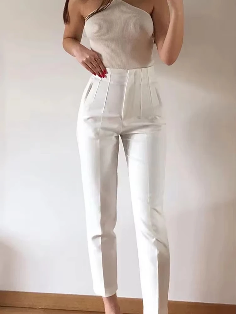 HH Women Elegant Fashion Pencil Pants Vintage Solid Color Trousers For Women Slim High Waist Zipper Fly Office Lady Pants
