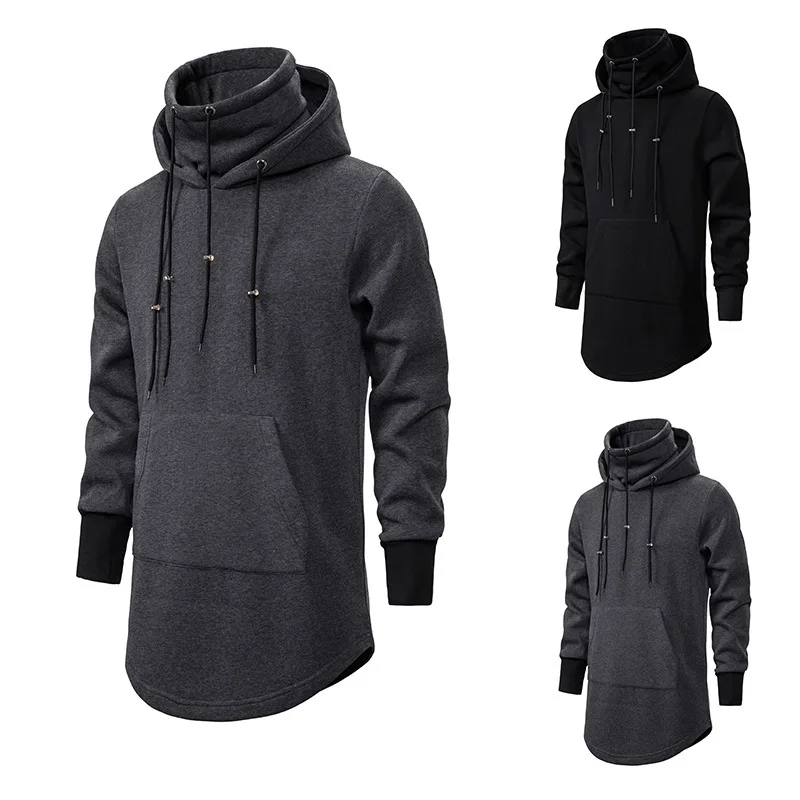 Men's Slim Long Section High Collar Hooded Sweatshirt Cotton Casual Pullover