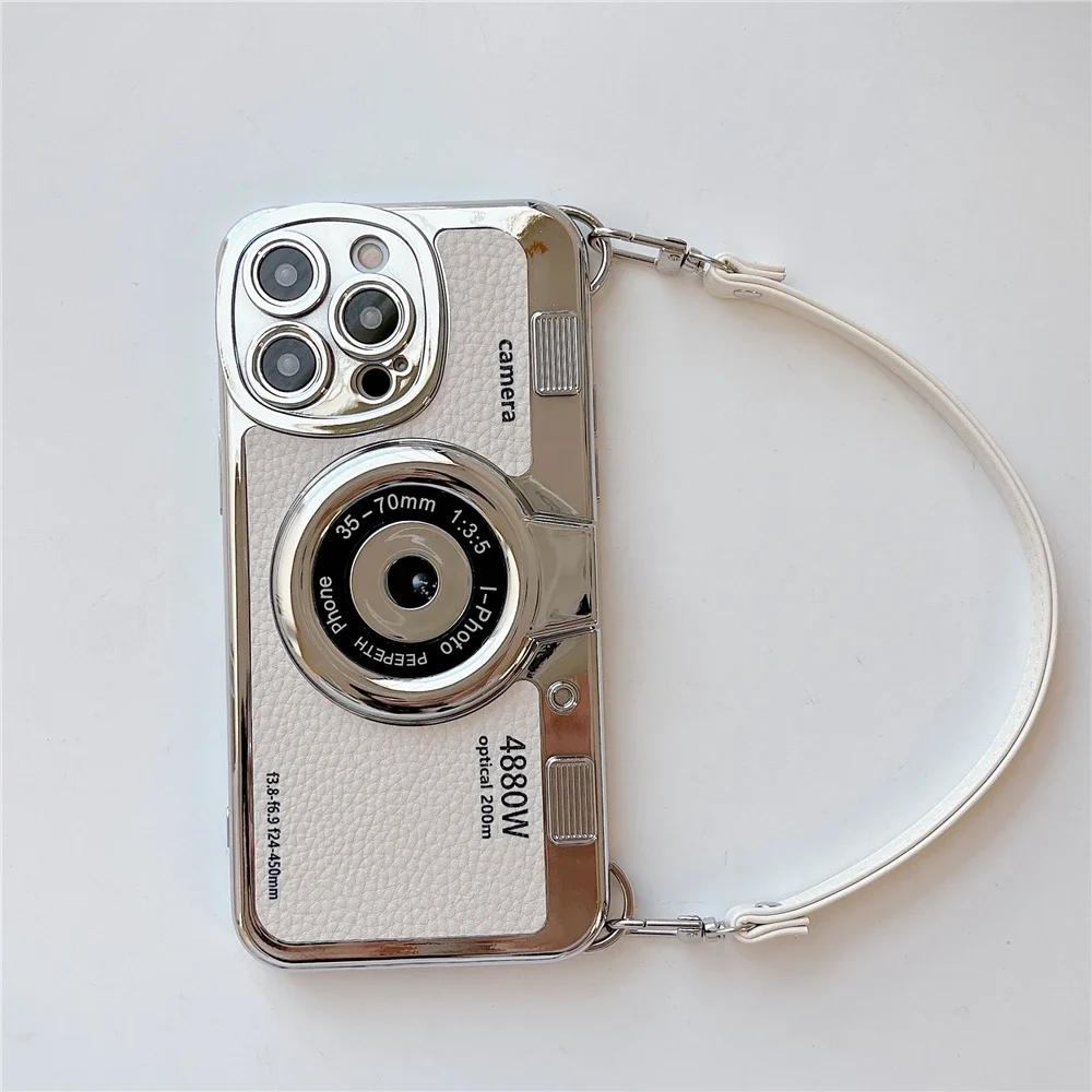 Luxury Retro Stereo Camera Hand Lanyard Phone Case with Leather Pattern