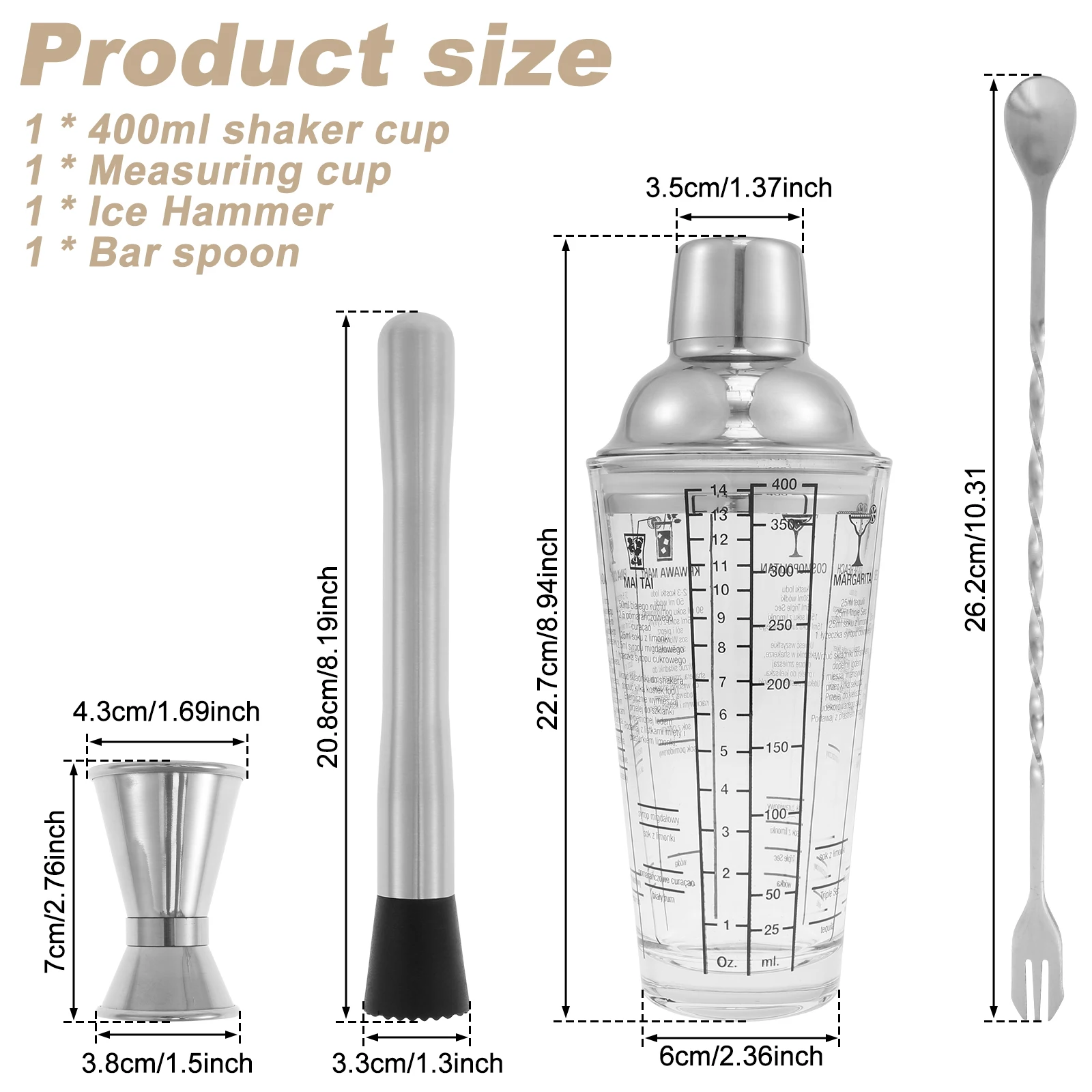 4Pcs 400ml Glass Cocktail Shaker Kit with Clear Scale Leakproof Cocktail Mixer Set Rustproof Bartender Kit with Measuring Cup