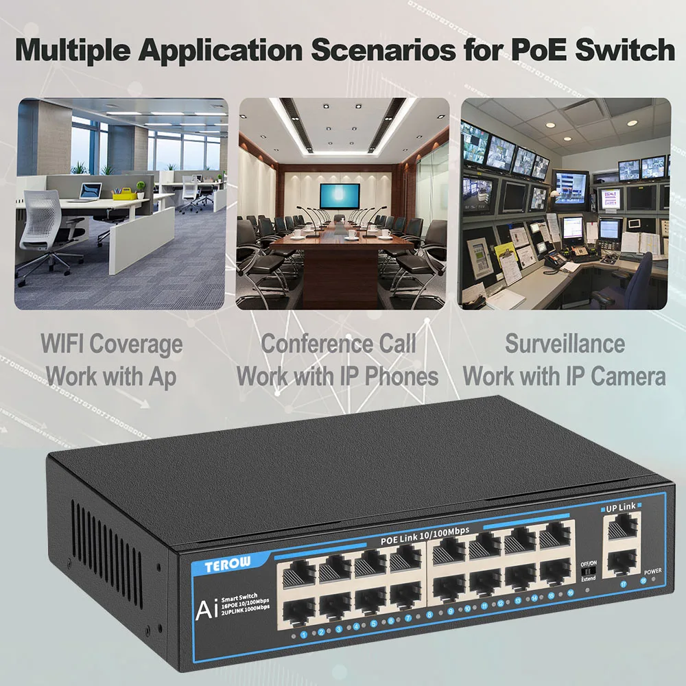 Sistema de Câmera, Wireless AP, IEEE 802.3, af at, 16 Port, 100Mbps