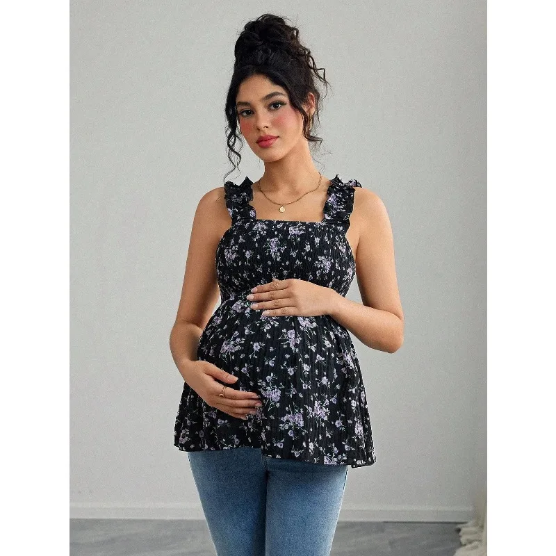 Maternity Clothing Spring and Summer New Printed Suspenders Maternity Top Square Collar A Word Maternity Vest Pregnancy Shirt - 5