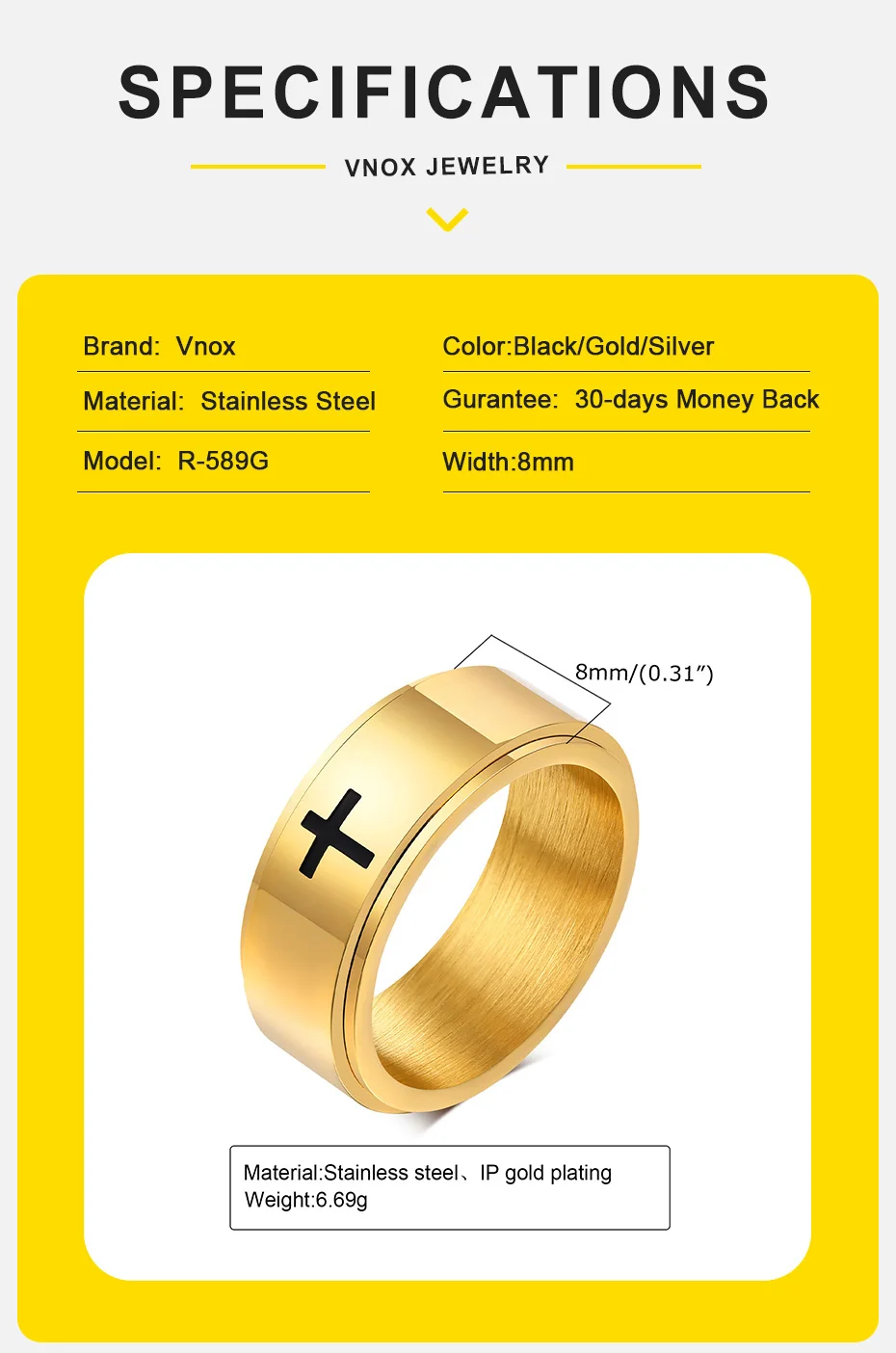 Vnox Stilvolle Herren Spinner Kreuz Ring, Gold Farbe Edelstahl Drehbare Stress Release Finger Band, Christus Jesus Schmuck – Detail 5