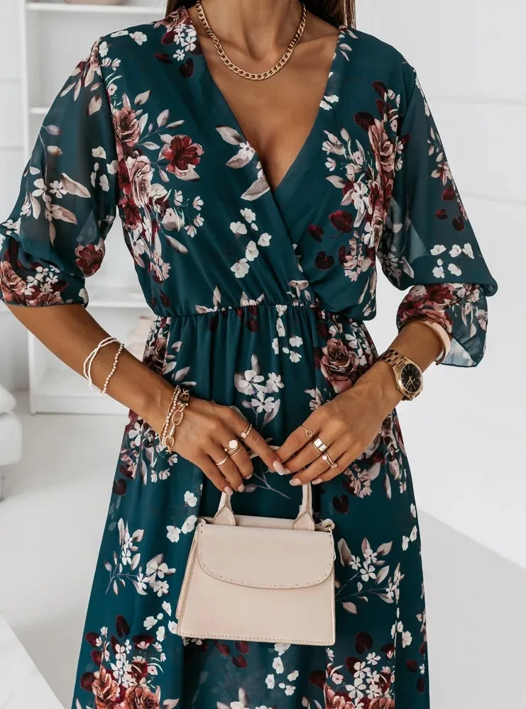 Women Dresses Sexy V Neck Retro Print Chiffon Maxi Dress Fashion Elastic Waist Side Splits Robe Elegant Long Sleeve Loose Dress