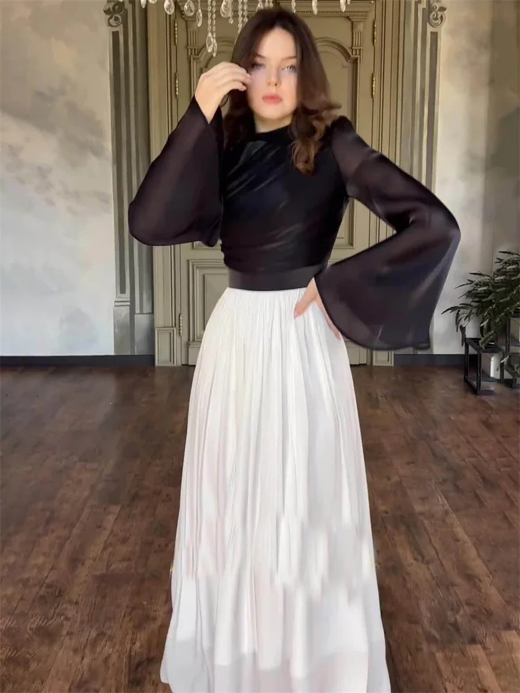 Elegante vestido plisado para mujer, de malla con retazos, vendaje, capas, ajustado, de calle, transparente, en contraste, nuevo vestido largo de otoño