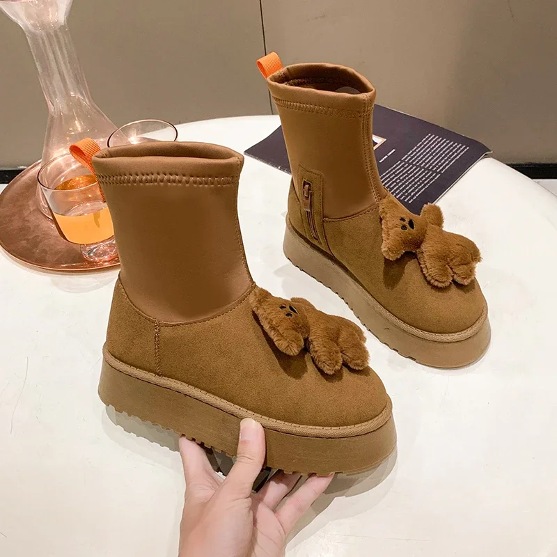 

Women Snow Boots 2023 New Winter Warm Suede Slip on Round Toe Mid-Calf Boots Ladies Thick Soled Shoes for Women Zapatos