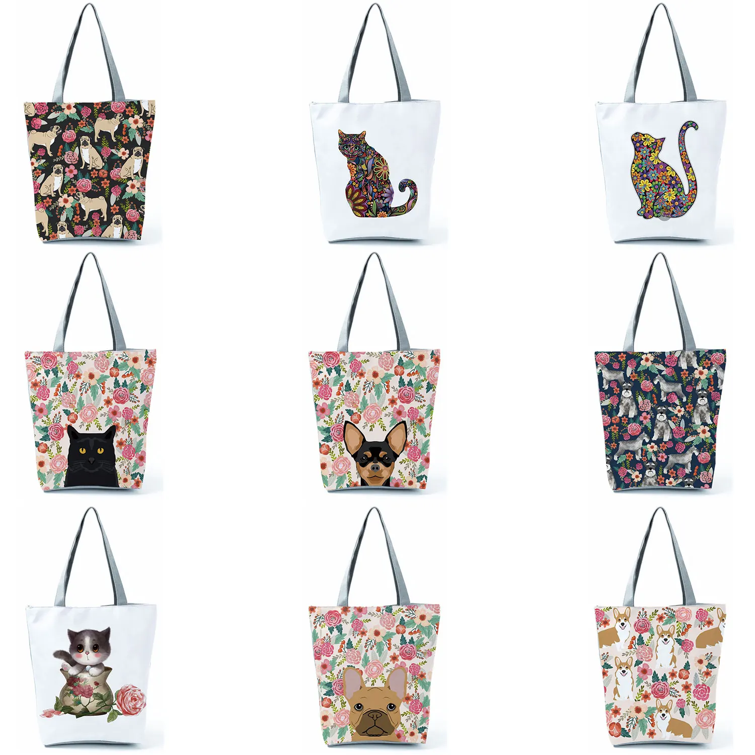 

School Shoulder Bag Casual Traveling Handbags Women Tote Reusable Custom Shopping Bags for Supermarket Floral Pet Dog Cat Print