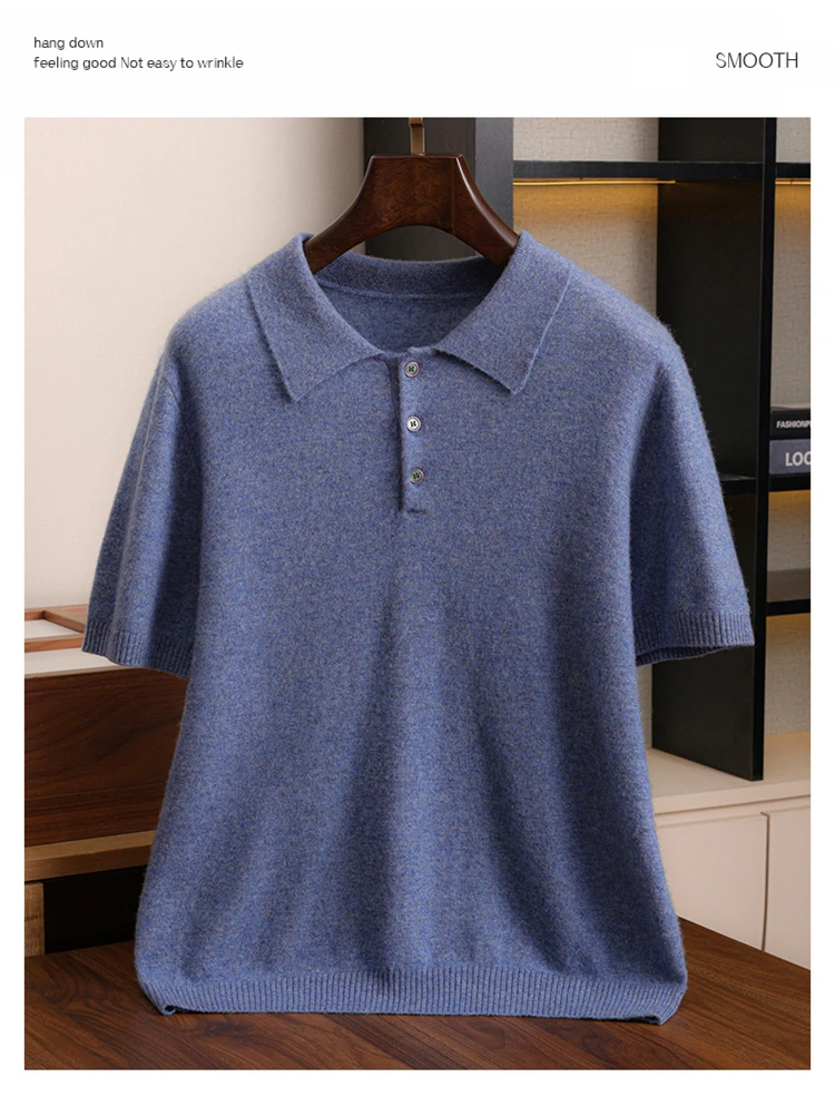 قميص بولو رجالي قصير الأكمام من الكشمير 100٪ للأعمال والملابس غير الرسمية، سترة للربيع والصيف