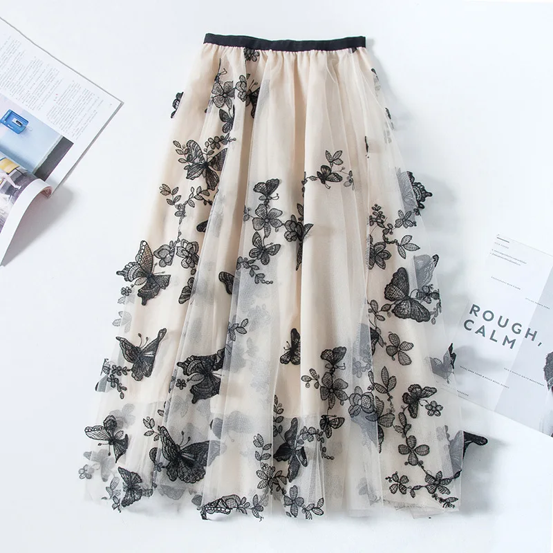

Женская винтажная юбка с вышивкой бабочки, длинная Плиссированная юбка с высокой талией и эластичным поясом в Корейском стиле на лето