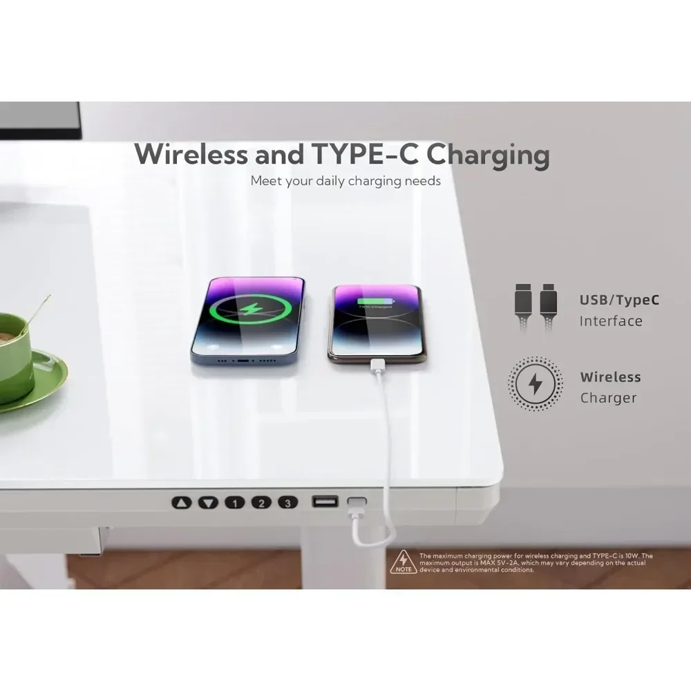 "ergonomic adjustable height desk with wireless charging and storage, 55" glass top standing desk"