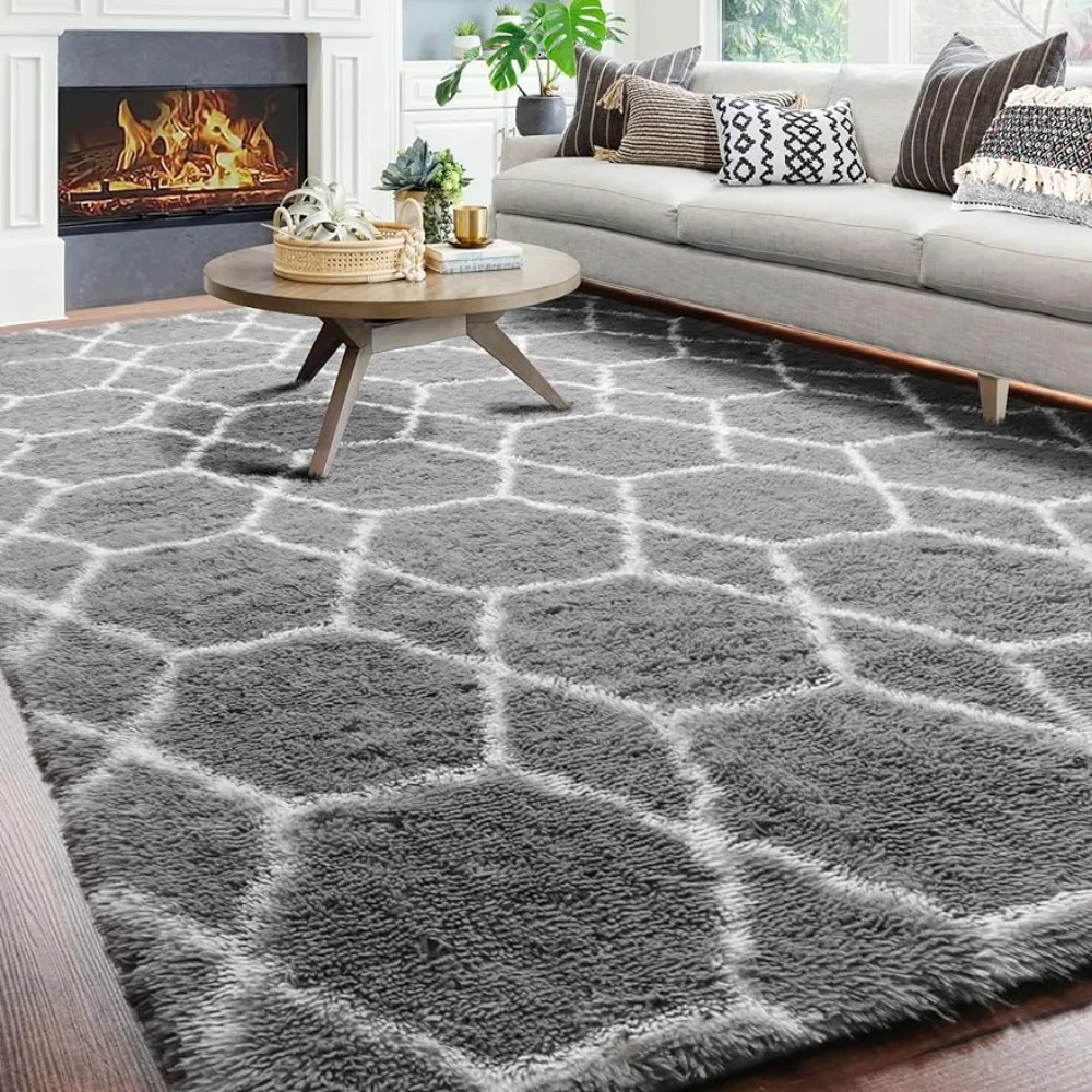 

Carpet Living Room Mats Shaggy Moroccan Floor Rug Large Boho Geometric Grey and White Rug 8x10 Area Rugs for Living Room Rooms