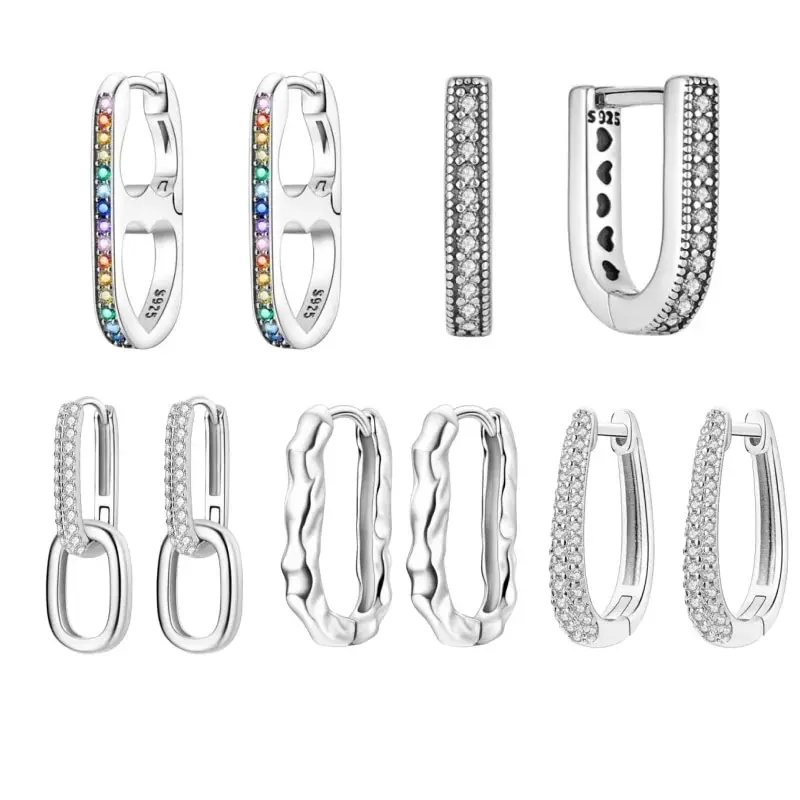 Silver earrings silver hoop earrings U Shape Hoop Earrings 925 Sterling Silver Bicyclic Ring Earrings Inlay Zircon Simple Jewelry Women Girl Evening Party Gifts