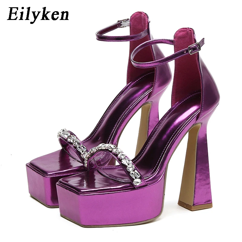 

Eilyken 2024 Brand CRYSTAL Buckle Strap Women Sandals Sexy Thick High Heels Platform Gladiator Dress Party Summer Shoes