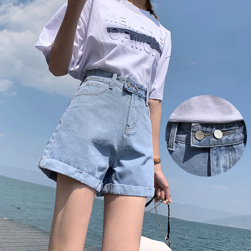 Casual Double Button Shorts Women Chic High Waist Sexy Wide-leg Pants Stylish Denim Short Korean Style Classic Blue Streetwear