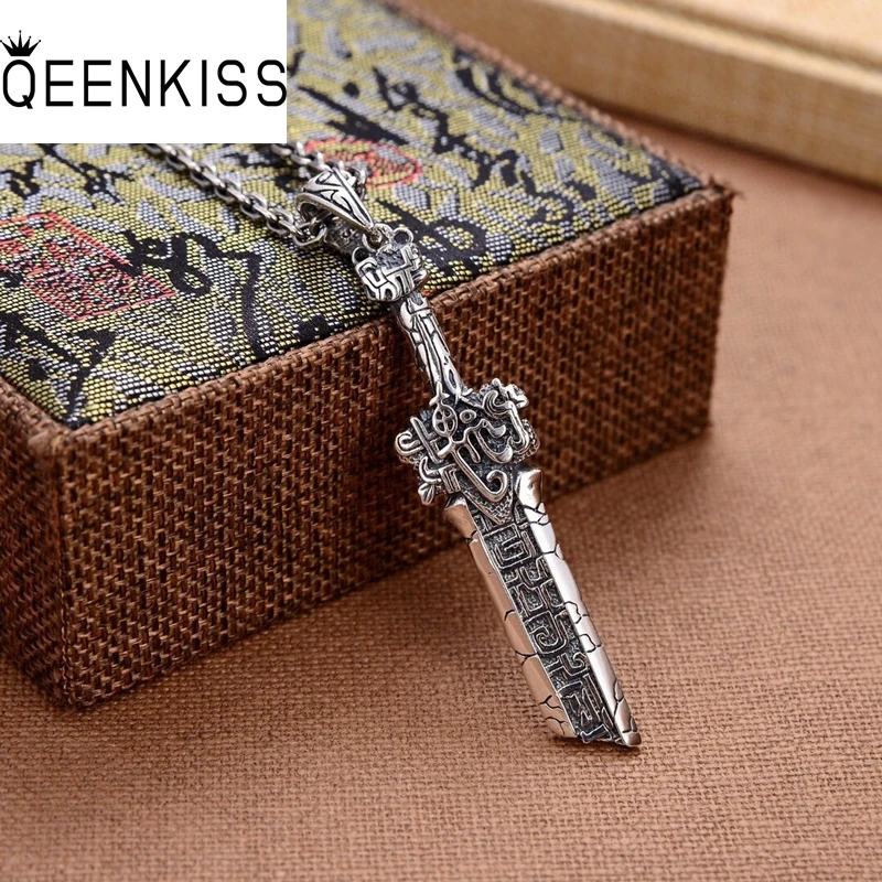 QEENKISS 925 Sterling Silver Necklace Pendant For Women Men Vintage Broken Sword Sweater Pendant Fine Jewelry Party Gift PT611