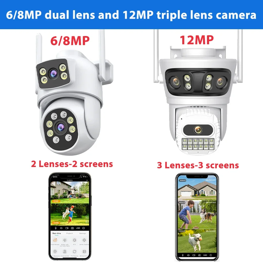 12MP 6K Wifi Camera Three Screens ICsee Surveillance Camera Outdoor Night Vison Ultra Wide View Angle Panoramic Security Camera 2