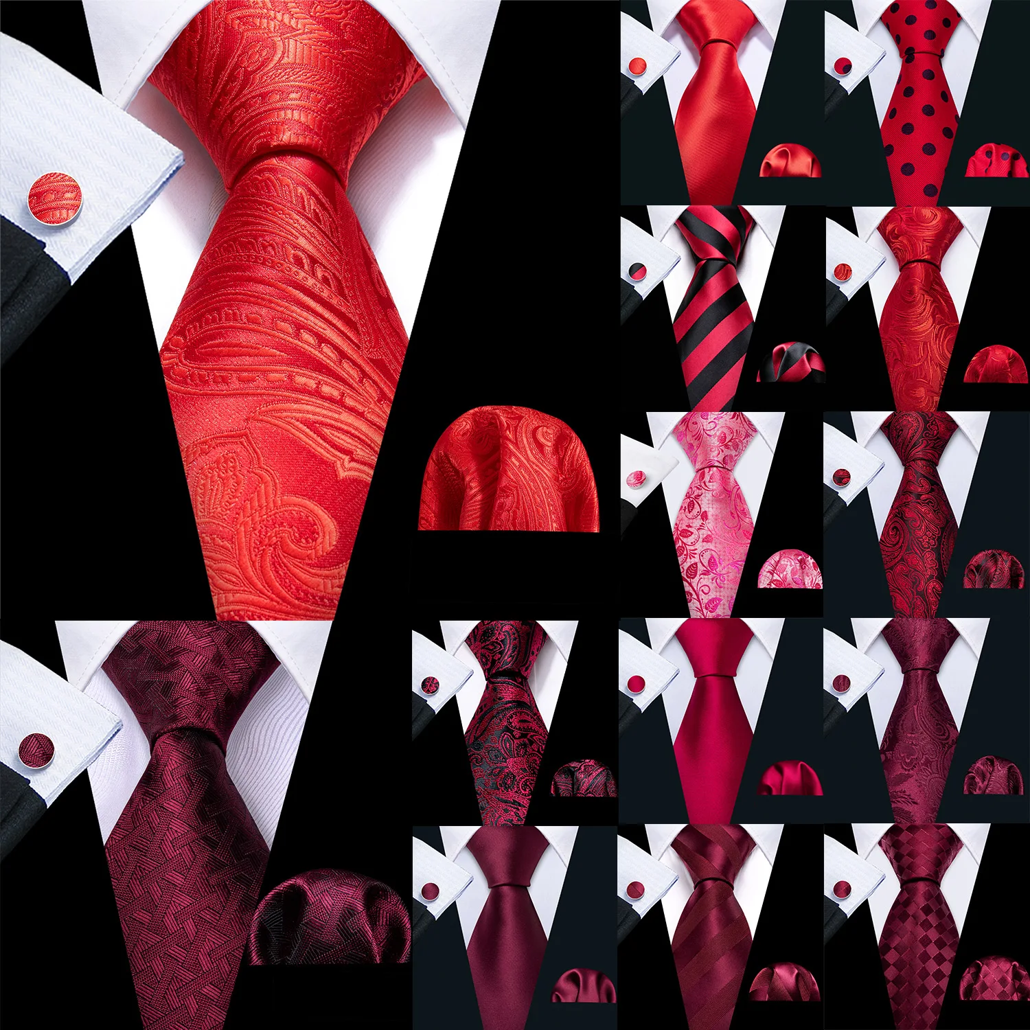 Barry.Wang rouge marron bordeaux Rose soie hommes cravate poche carré boutons de manchette ensemble Jacquard cravate pour homme mariage fête d'affaires
