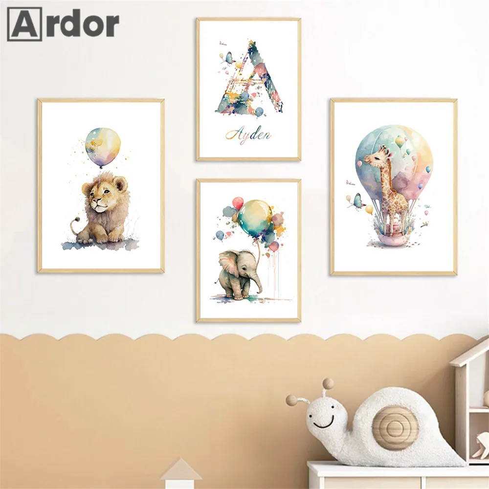

Butterfly Balloon Lion Elephant Giraffe Nursery Canvas Painting Custom Name Wall Art Print Nordic Poster Picture Kids Room Decor