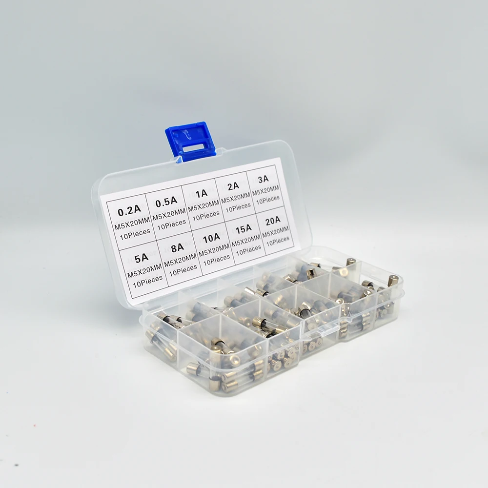 Quick Blow Glass Tube Fuse 100pcs 5x20mm Assorted Kit Amp 0.2A 0.5A 1A 2A 3A 5A 8A 10A 15A 20A 250V with Storage Box