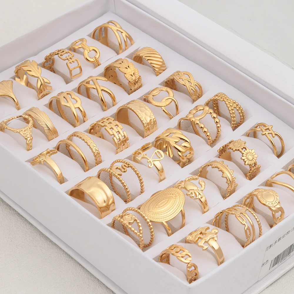 50 Pcs/Lot Fashion Vintage Simple Oil Pressure Stainless Steel Opening Ring Women Men Geometric Finger Jewelry Gift Wholesale