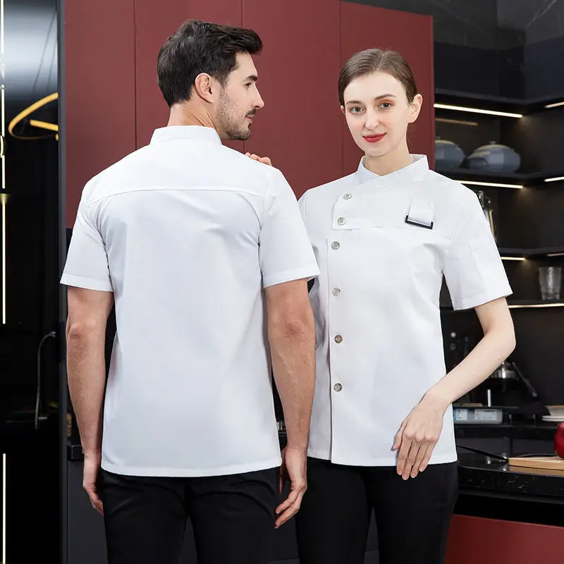 Men Grey Chef Coat Logo short Sleeve Chef Jacket Apron for Summer Head Chef Uniform Restaurant Hotel Kitchen Cooking Clothes images - 6