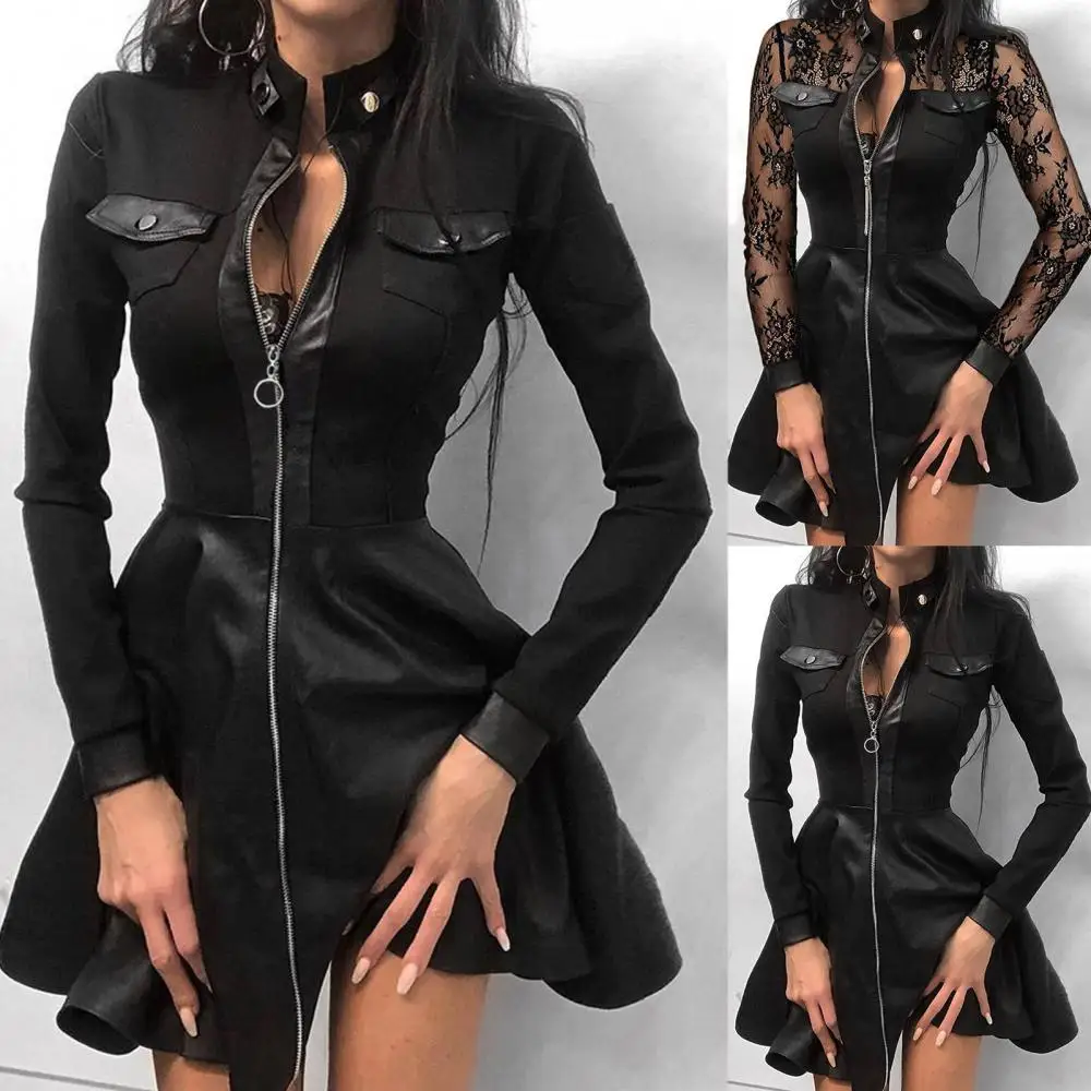 Elegant Zipper Pockets PU Dress Women Sexy Mesh Sleeve Lace Mini Dress Women's Stand Neck Fashion Party Dress Lady vestidos 5XL