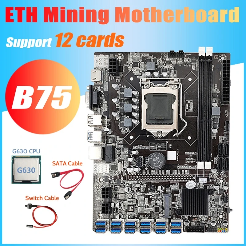 B75 ETH Mining Motherboard+G630 CPU+Switch Cable+SATA Cable LGA1155 12 PCIE to USB MSATA DDR3 B75 USB BTC Motherboard