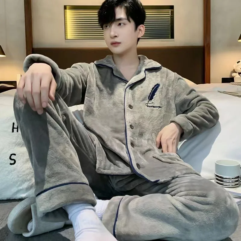 

Pajamas Sets For Men Winter Thicken Warm Coral Fleece Sleepwear Turn-Down Collar Long Sleeve Pijamas Sleepwear Homewear P