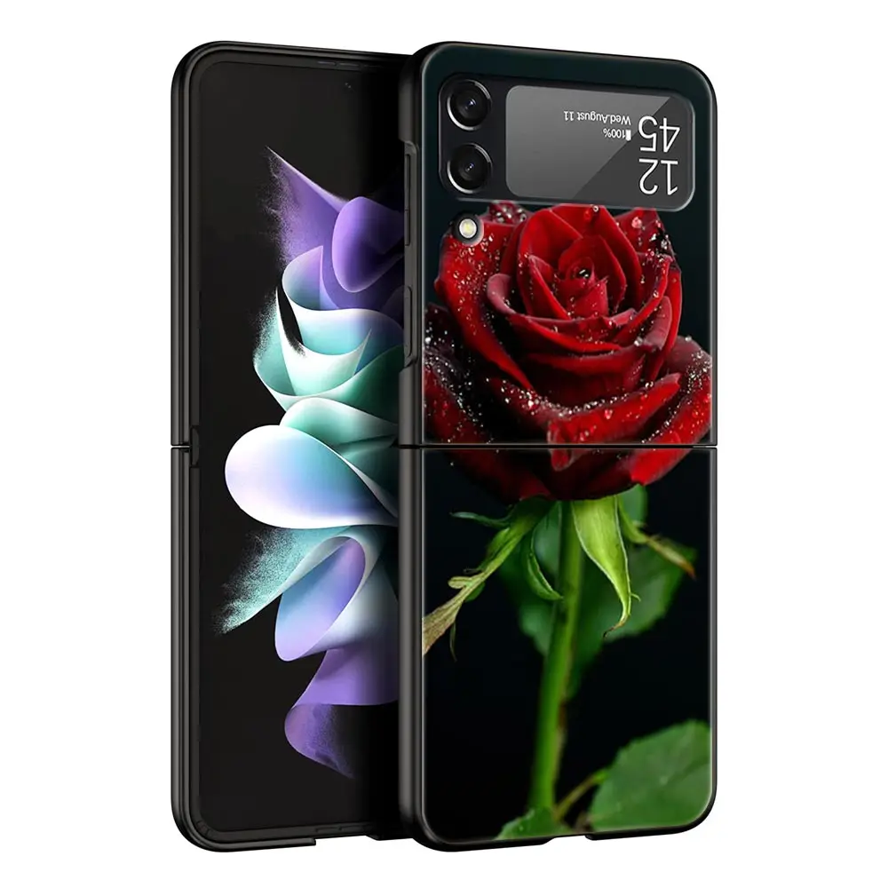 Elegant Red Rose Floral Phone Case - Black Hard Folding Cover