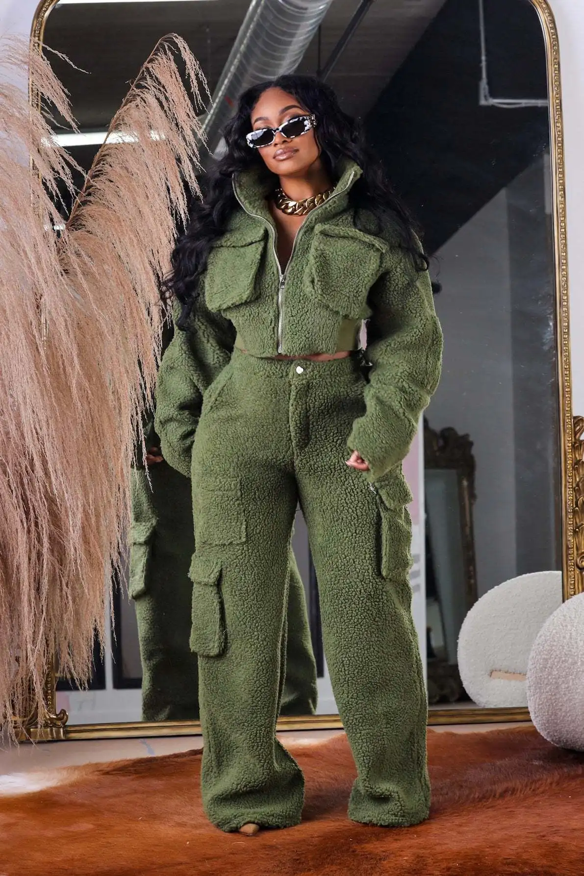 Women's Winter Fuzzy Fleece Long Sleeve Jacket+Cargo Wide Leg Pants with Pocket 2024 Safari Sweatsuits Two 2 Piece Sets Outfits