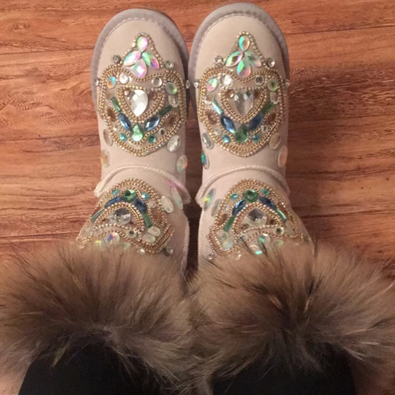 New Winter Warm Snow Boots Donna Real Furs Stivaletti Donna Slip-On Nature Leather Strass Boots Donna Zapatos De Mujer