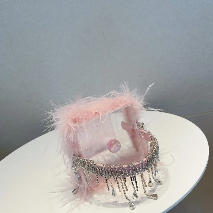 Transparent Acrylic Clutches Fashion Luxury Pink White Feather Rhinestone Tassel Box Evening Bag For Women Wedding Party Handbag