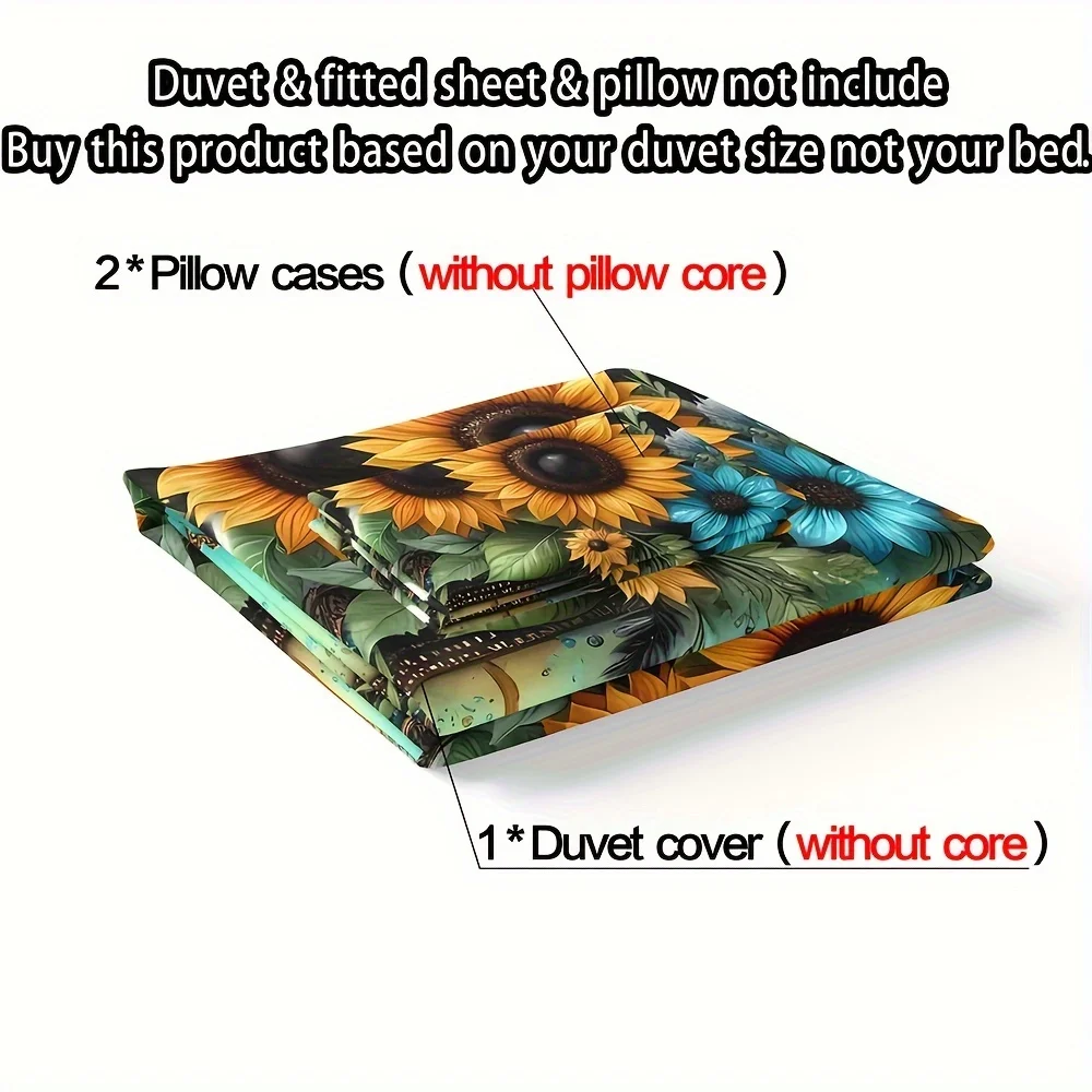 Ultra-Soft | Elegant 3pcs Ultra-Soft Sunflower Flower Duvet Cover Set | 1*Duvet Cover 2*Pillowcases, Without Core | Fashionable