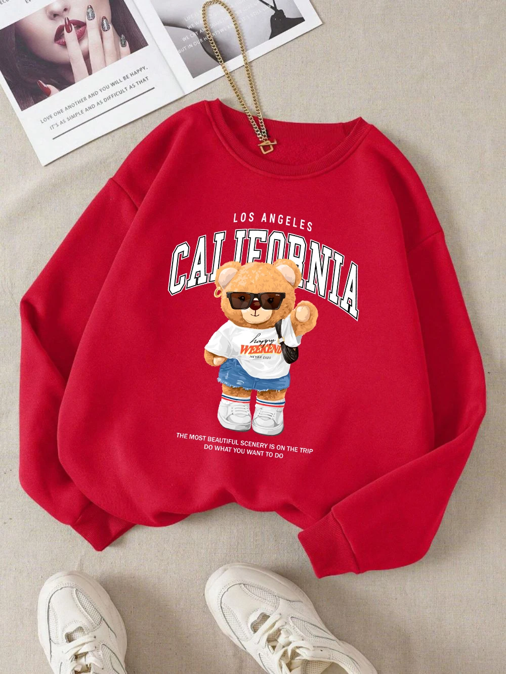 Autumn Winter Womens Pullover California Letter Trend Bear Printing Hoodie Loose Crewneck Warm Fleece Sweatshirt Street Clothing 3