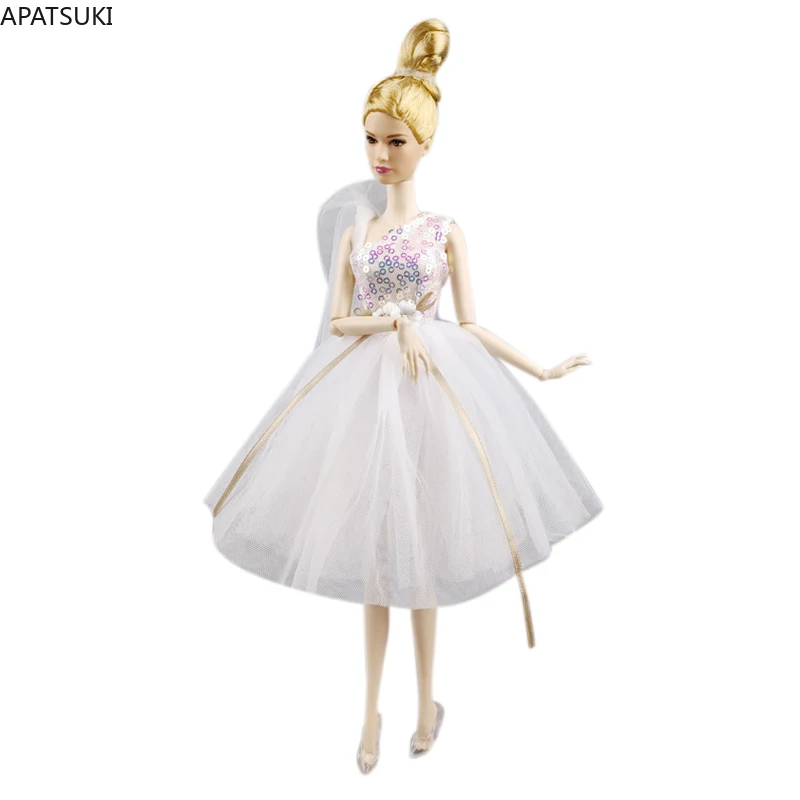 White Sequin One Shoulder Fashion Doll Ballet Dress For Barbie Doll Clothes Gown Crystal Shoes Outfits 1/6 Dolls Accessories Toy