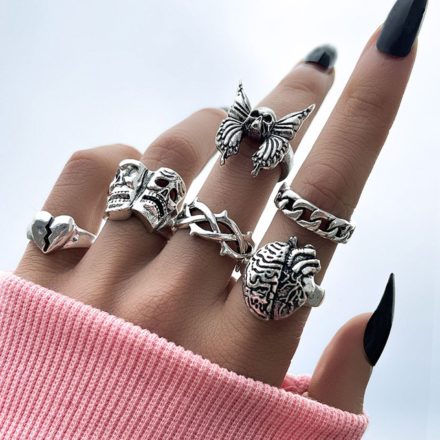 Punk Metal Multi Element Ring Set For Women Men Antique Silver Butterfly Snake Skull Finger Rings Gothic Jewelry Gift