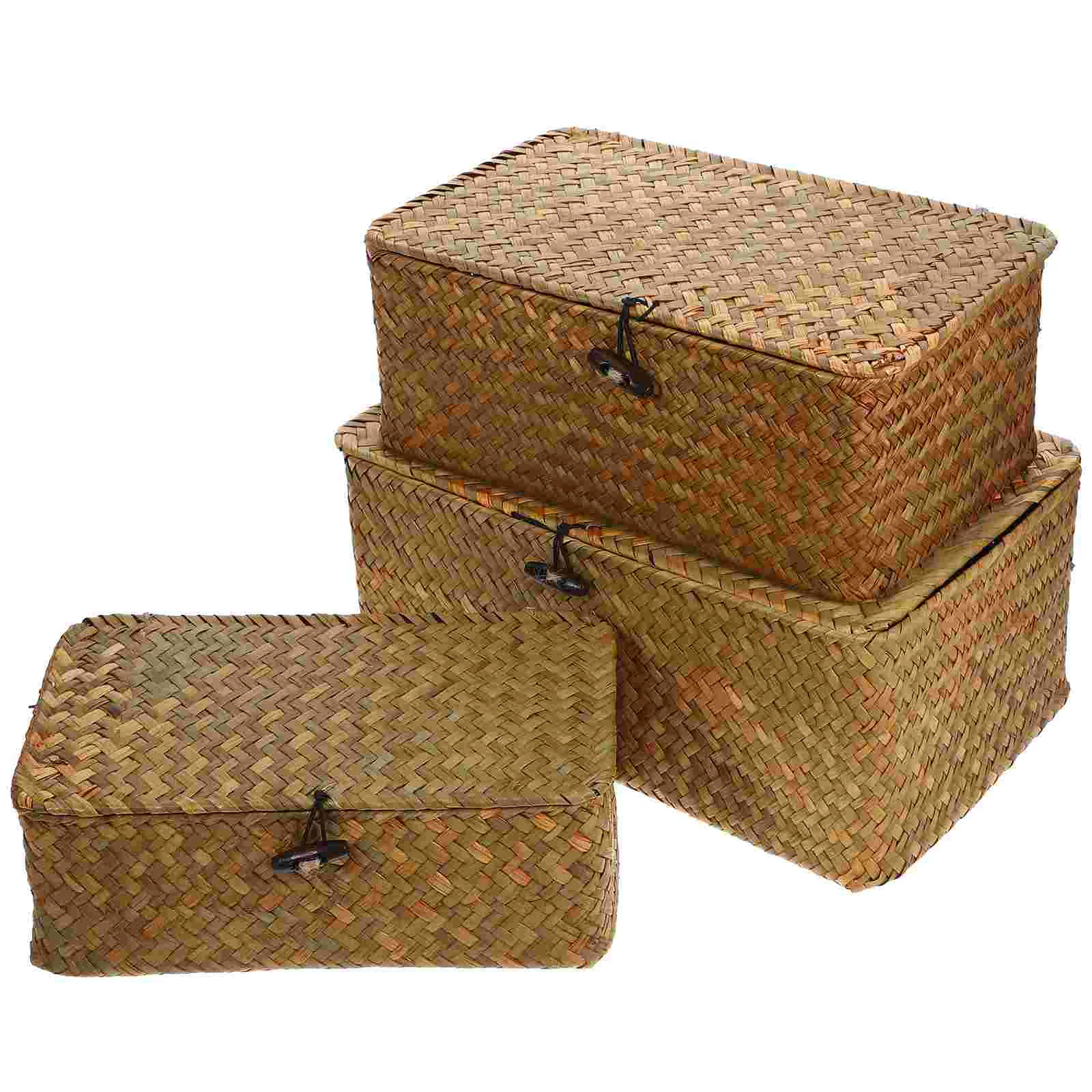 

Seaweed Woven Basket Lids Seagrass Storage Bin Rectangular Organizer Basket Multi-Purpose Storage Container Holder Desktop