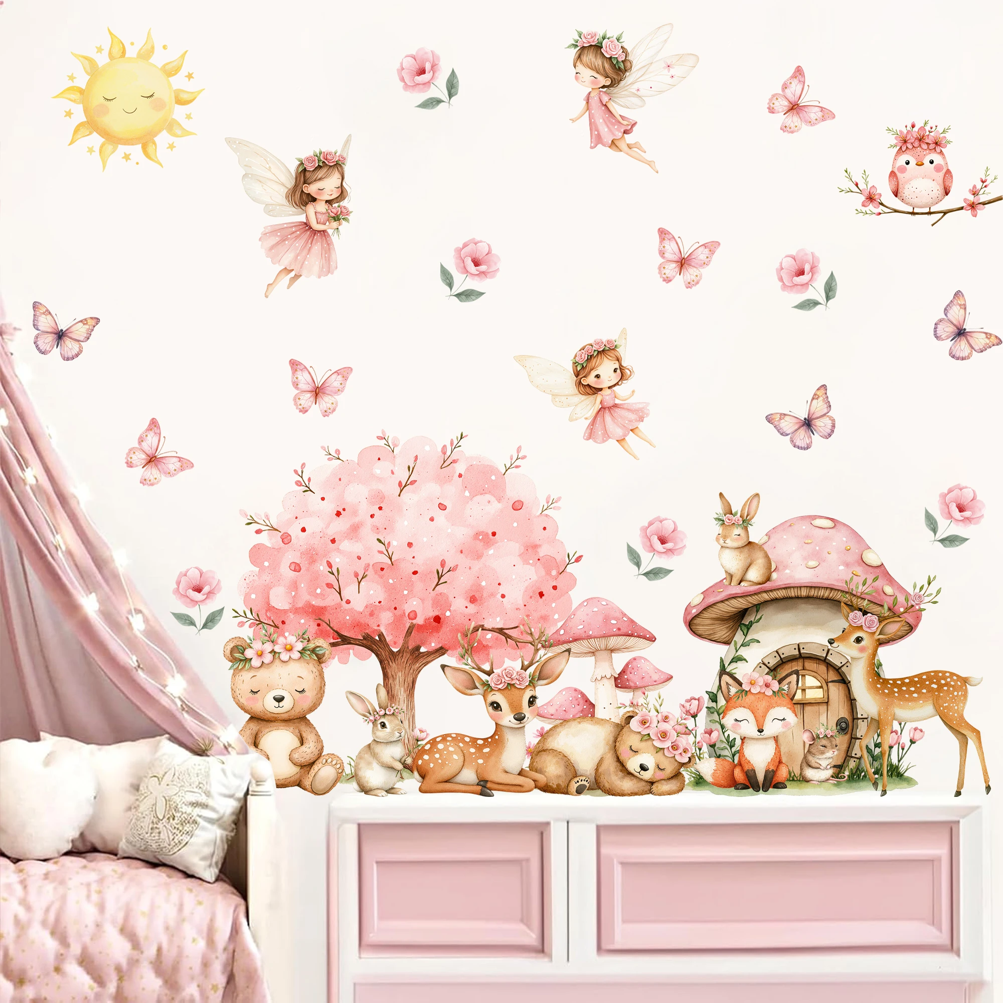 Cartoon Fairy Animals Flowers Trees Mushroom House Wall Sticker Child ...