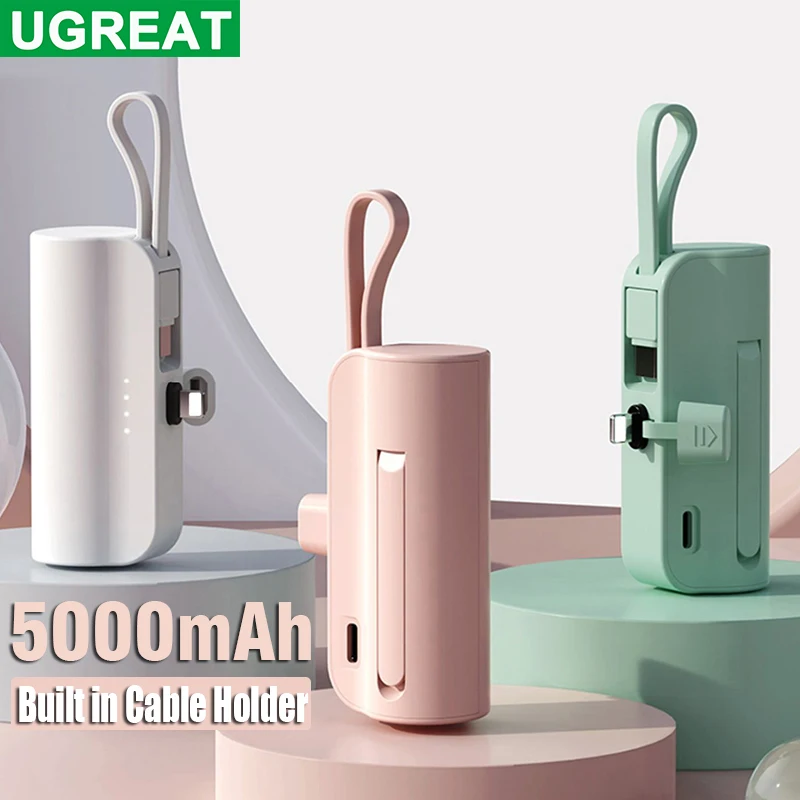 

5000mAh/10000mAh Mini Small Power Bank For iPhone Xiaomi Huawei Portable Battery Charger Spare Built-in Cables Type C PowerBank
