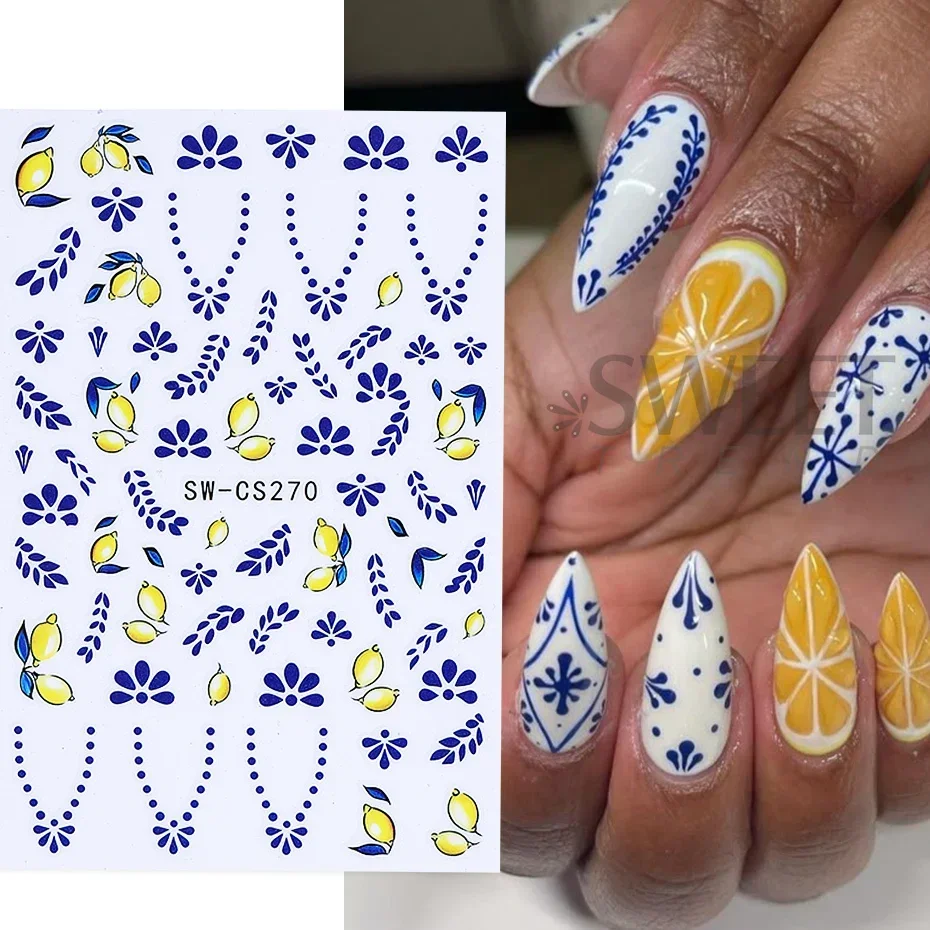 2pcs Bohemian Style Nail Art Stickers 3D Cute Orange Lemon Leaves Petals Nail Decals DIY Adhesive Sliders Summer Manicure Decor