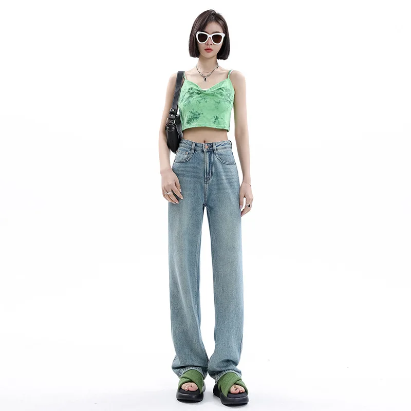 New Summer Wide-legged Pants Female Super Soft Yarn Drape Straight Jeans High Waist Loose Dragging Pants Thin Section Thin Pants