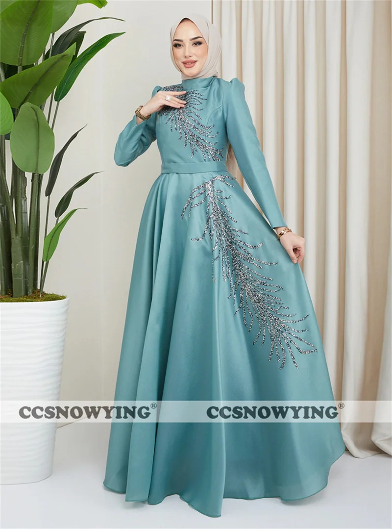 

Appliquies Beaded Muslim Evening Dress Organza Long Sleeve Hijab Islamic Formal Party Gowns Arabic Dubai Women Moroccan Caftan