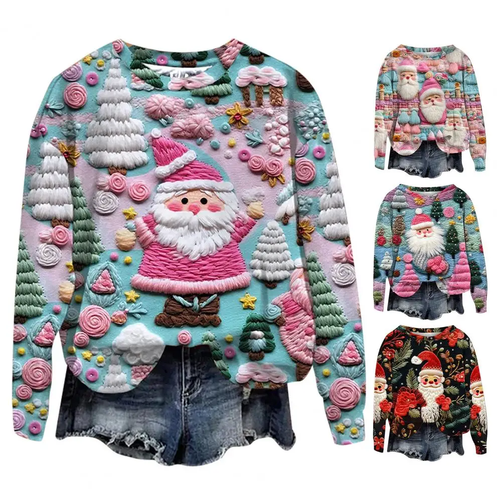 

Colorful Printed Sweatshirt Colorful 3d Snowman Santa Print Women's Christmas Sweatshirt Round Neck Long Sleeve Loose for New