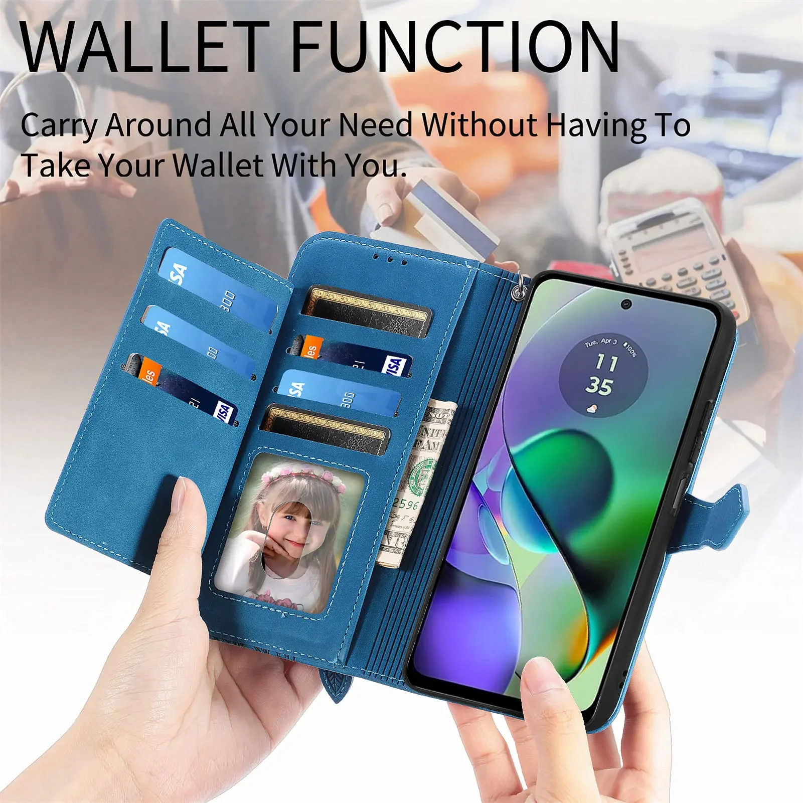 Zipper Card Slot Leather Wallet Case with Purse Pocket and Flower Design