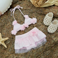 Cute 3D Flower Baby Girls Swimsuit Toddler Bikini Set Halter Neck Tie Up Tops + Elastic Waist Shorts Sheer Mesh Bathing Suit 3