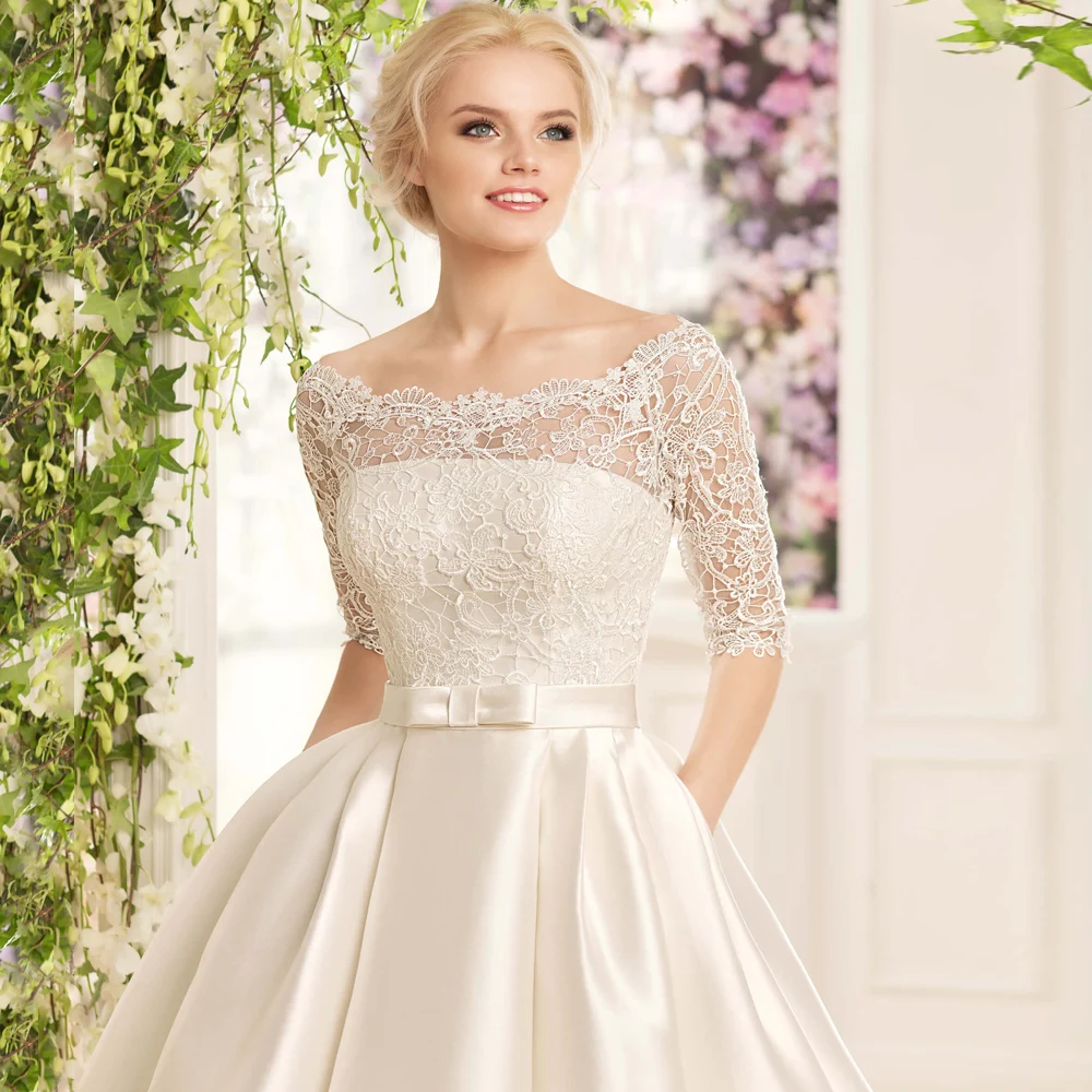 Abiti da sposa moderni Scollo a barca Mezze maniche Abiti da sposa Applicazioni in pizzo Corte-Train Raso A-Line Abiti da sposa PSL 980016 - immagine 3